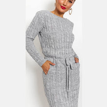 Load image into Gallery viewer, Cable Knitted Tie Belt Midi Jumper Dress