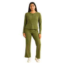 Load image into Gallery viewer, Ribbed Co-ord Lounge Set – Buttoned Top &amp; Wide-Leg Pants
