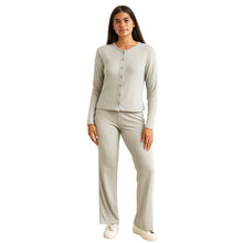 Load image into Gallery viewer, Ribbed Co-ord Lounge Set – Buttoned Top &amp; Wide-Leg Pants
