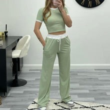 Load image into Gallery viewer, Two Piece Ribbed Contras Crop Top Trouser Set
