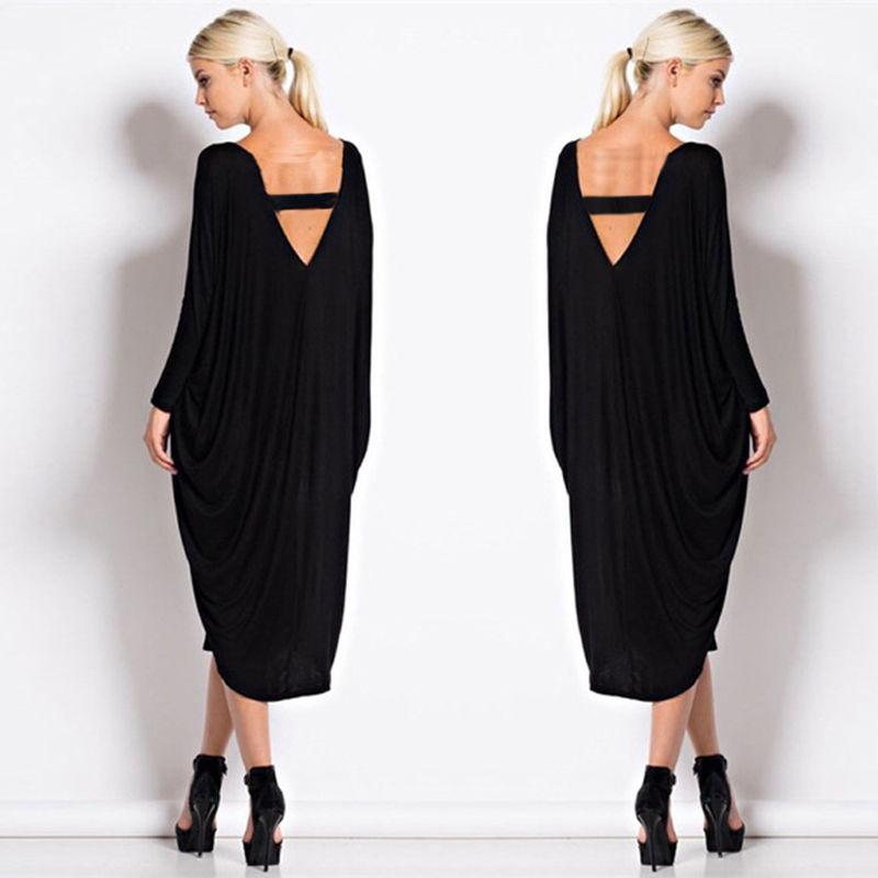 V-Neck Back Long Sleeve Midi Dress