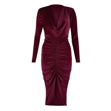 Load image into Gallery viewer, Velvet Bodycon Midi Dress with Cowl Neck
