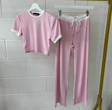 Load image into Gallery viewer, Two Piece Ribbed Contras Crop Top Trouser Set
