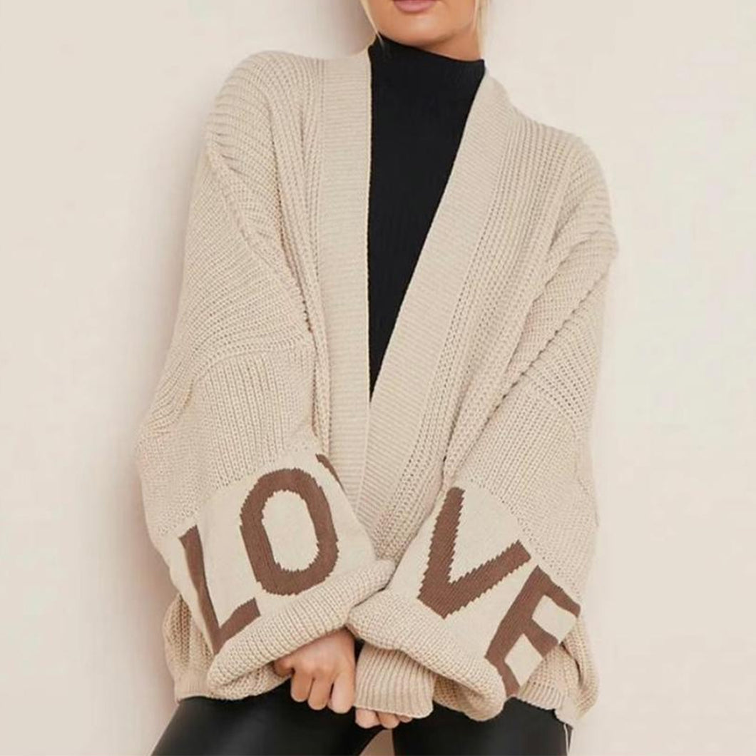 LOVE Print Knitted Balloon Sleeve Cardigan