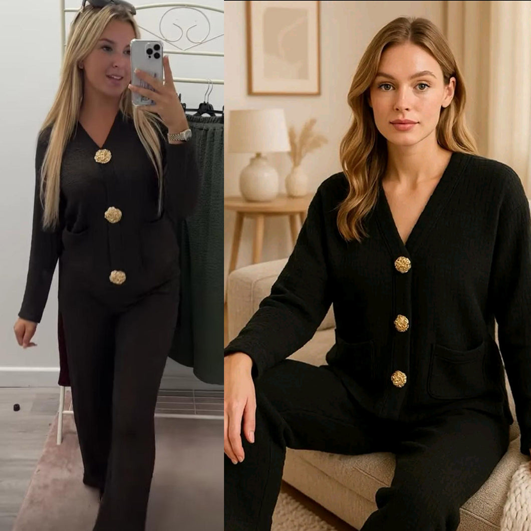 2 Piece Gold Button Cardigan Loungewear Set