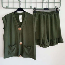 Load image into Gallery viewer, V Neck Gold Button Cardigan &amp; Short Set
