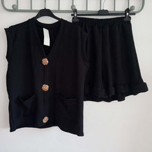 Load image into Gallery viewer, V Neck Gold Button Cardigan &amp; Short Set
