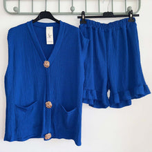 Load image into Gallery viewer, V Neck Gold Button Cardigan &amp; Short Set
