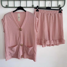 Load image into Gallery viewer, V Neck Gold Button Cardigan &amp; Short Set
