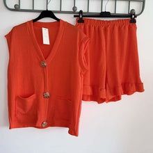 Load image into Gallery viewer, V Neck Gold Button Cardigan &amp; Short Set
