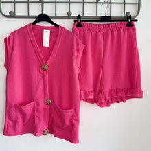 Load image into Gallery viewer, V Neck Gold Button Cardigan &amp; Short Set
