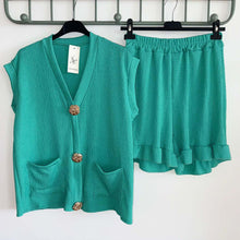 Load image into Gallery viewer, V Neck Gold Button Cardigan &amp; Short Set
