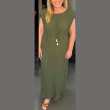 Load image into Gallery viewer, Padded Shoulder Pleated Sleeveless Maxi Dress
