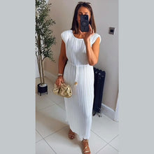 Load image into Gallery viewer, Padded Shoulder Pleated Sleeveless Maxi Dress
