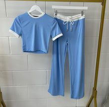 Load image into Gallery viewer, Two Piece Ribbed Contras Crop Top Trouser Set
