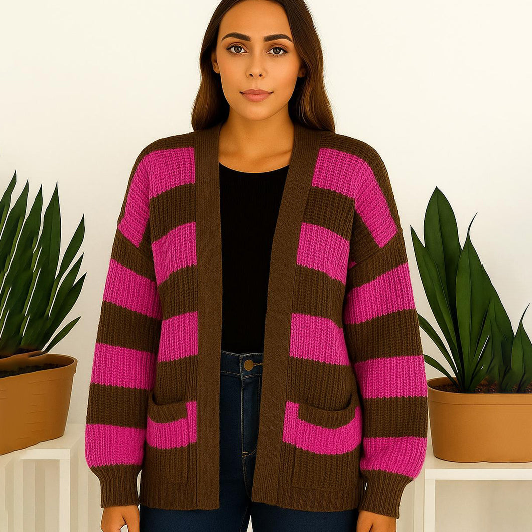 Knitted Striped Open Cardigan
