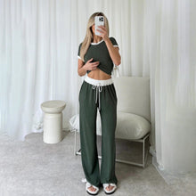 Load image into Gallery viewer, Two Piece Ribbed Contras Crop Top Trouser Set
