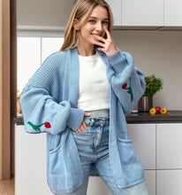 Load image into Gallery viewer, Cherry Print Knitted Balloon Sleeve Cardigan
