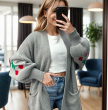 Load image into Gallery viewer, Cherry Print Knitted Balloon Sleeve Cardigan
