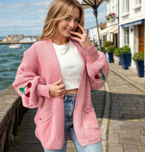 Load image into Gallery viewer, Cherry Print Knitted Balloon Sleeve Cardigan
