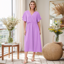 Load image into Gallery viewer, Italian Wrap Over Frill Sleeve Midi Dress
