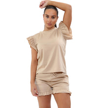 Load image into Gallery viewer, Frill Peplum Sleeve Top and Short 2 Piece Tracksuit Set
