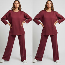 Load image into Gallery viewer, Gold Button Shoulder Loungewear Outfit 2 Piece Set Burgundy
