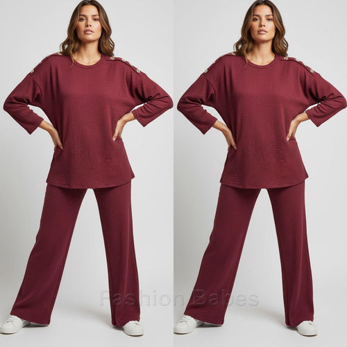 Gold Button Shoulder Loungewear Outfit 2 Piece Set Burgundy