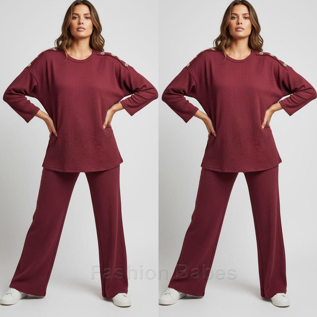 Gold Button Shoulder Loungewear Outfit 2 Piece Set Burgundy