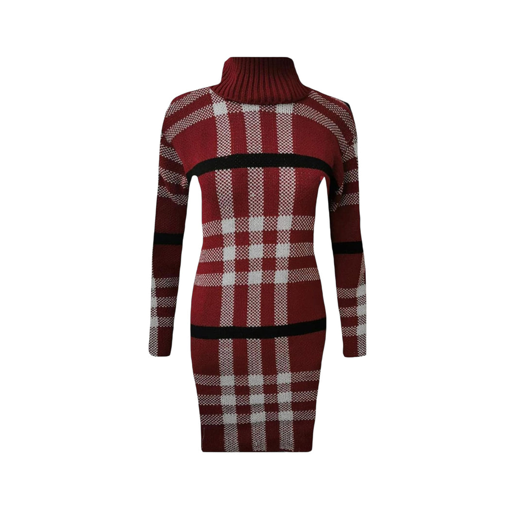 Tartan Print Knitted Polo Neck Midi Dress